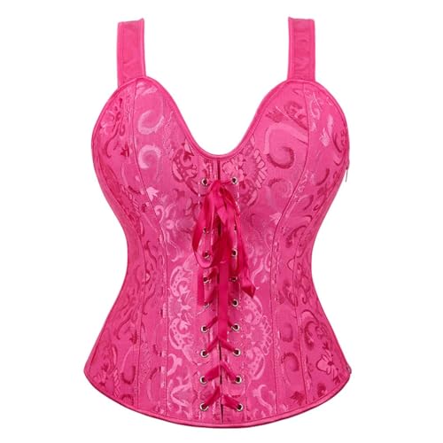 AIGOUT Damen Gothic Jacquard Bustier mit Fischgrätenriemen Schnürung Shapewear Korsett Vintage Court-Stil Satin Korsett Taille Cinching Weste für Cosplay Hochzeit (Rose, 5XL) von AIGOUT