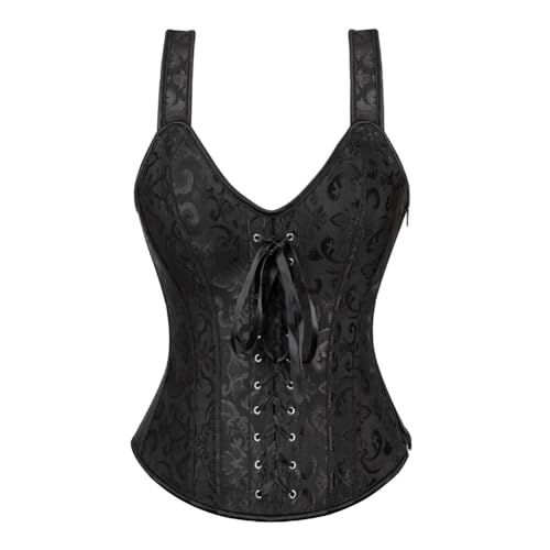 AIGOUT Damen Gothic Jacquard Bustier mit Fischgrätenriemen Schnürung Shapewear Korsett Vintage Court-Stil Satin Korsett Taille Cinching Weste für Cosplay Hochzeit (Schwarz, M) von AIGOUT