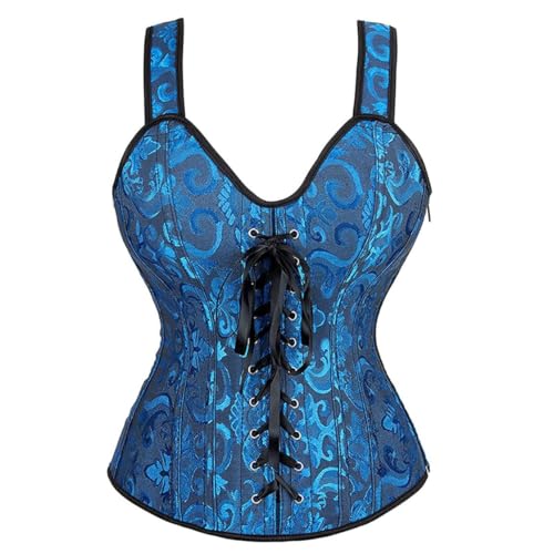 AIGOUT Damen Gothic Jacquard Bustier mit Fischgrätenriemen Schnürung Shapewear Korsett Vintage Court-Stil Satin Korsett Taille Cinching Weste für Cosplay Hochzeit (Schwarz Blau, 6XL) von AIGOUT