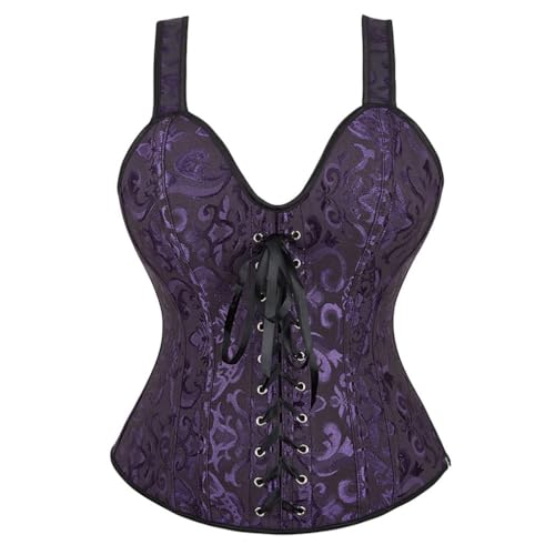 AIGOUT Damen Gothic Jacquard Bustier mit Fischgrätenriemen Schnürung Shapewear Korsett Vintage Court-Stil Satin Korsett Taille Cinching Weste für Cosplay Hochzeit (Schwarz-Lila, XXS) von AIGOUT