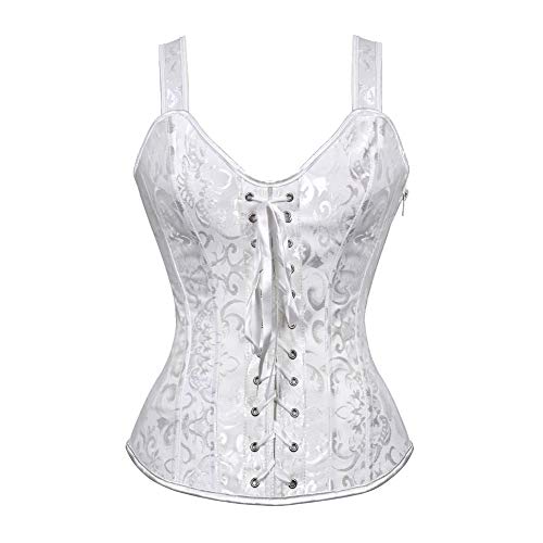 AIGOUT Damen Gothic Jacquard Bustier mit Fischgrätenriemen Schnürung Shapewear Korsett Vintage Court-Stil Satin Korsett Taille Cinching Weste für Cosplay Hochzeit (Weiß, XXS) von AIGOUT
