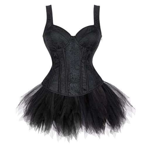 AIGOUT Damen Gothic Korsett Kleid Anzug Tank Top Stil Fischgräten-Korsett mit Vintage Jacquard Tutu Rock Zweiteiler Schwarz (Schwarz, XL) von AIGOUT