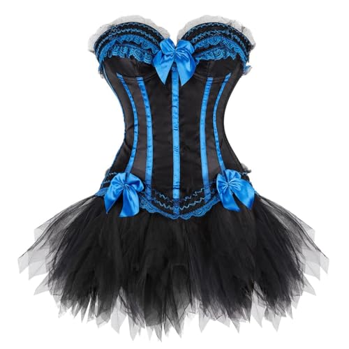 AIGOUT Damen Gothic Korsett Tutu Rock Set - Spitze Schleife Fischgräten Gestreift Bustier Mini Tüllrock Zweiteiliger Gestreiftes Korsett Tutu Anzug für Halloween Steampunk Pirat Cosplay (Blau, XXL) von AIGOUT