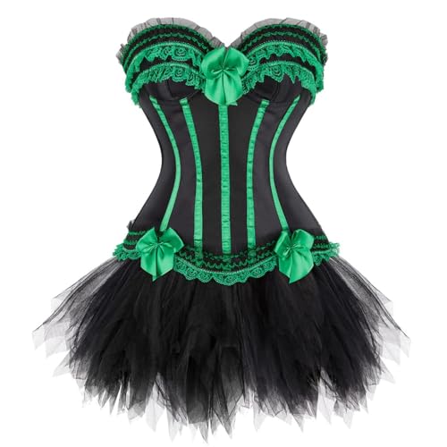 AIGOUT Damen Gothic Korsett Tutu Rock Set - Spitze Schleife Fischgräten Gestreift Bustier Mini Tüllrock Zweiteiliger Gestreiftes Korsett Tutu Anzug für Halloween Steampunk Pirat Cosplay (Grün, S) von AIGOUT