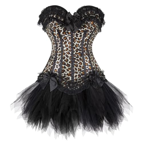 AIGOUT Damen Gothic Korsett Tutu Rock Set - Spitze Schleife Fischgräten Gestreift Bustier Mini Tüllrock Zweiteiliger Gestreiftes Korsett Tutu Anzug für Halloween Steampunk Pirat Cosplay (Leopard, 6XL) von AIGOUT