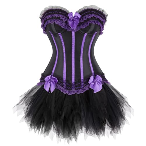 AIGOUT Damen Gothic Korsett Tutu Rock Set - Spitze Schleife Fischgräten Gestreift Bustier Mini Tüllrock Zweiteiliger Gestreiftes Korsett Tutu Anzug für Halloween Steampunk Pirat Cosplay (Lila, 6XL) von AIGOUT