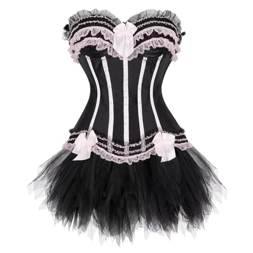 AIGOUT Damen Gothic Korsett Tutu Rock Set - Spitze Schleife Fischgräten Gestreift Bustier Mini Tüllrock Zweiteiliger Gestreiftes Korsett Tutu Anzug für Halloween Steampunk Pirat Cosplay (Rosa, M) von AIGOUT