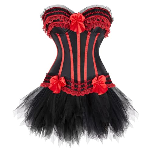 AIGOUT Damen Gothic Korsett Tutu Rock Set - Spitze Schleife Fischgräten Gestreift Bustier Mini Tüllrock Zweiteiliger Gestreiftes Korsett Tutu Anzug für Halloween Steampunk Pirat Cosplay (Rot, XXL) von AIGOUT