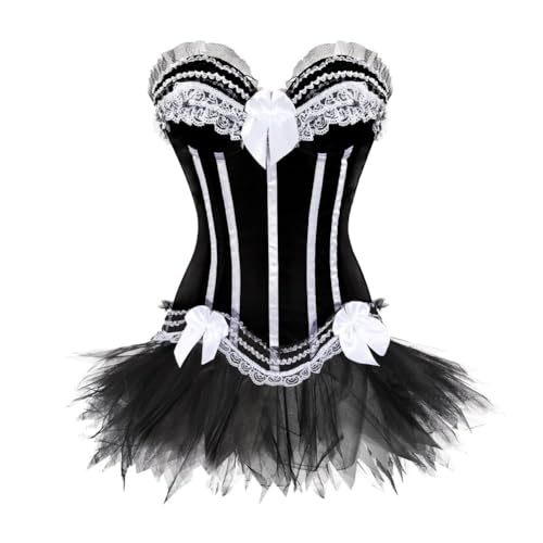 AIGOUT Damen Gothic Korsett Tutu Rock Set - Spitze Schleife Fischgräten Gestreift Bustier Mini Tüllrock Zweiteiliger Gestreiftes Korsett Tutu Anzug für Halloween Steampunk Pirat Cosplay (Weiß, XL) von AIGOUT