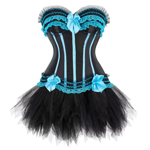 AIGOUT Damen Gothic Korsett Tutu Rock Set - Spitze Schleife Fischgräten Gestreift Bustier Mini Tüllrock Zweiteiliger Gestreiftes Korsett Tutu Anzug für Halloween Steampunk Piraten Cosplay (Himmelblau von AIGOUT