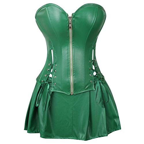 AIGOUT Damen Gothic Kunstleder Korsett Kleid Set - Reißverschluss vorne enges Brustkleid mit kurzem Lederrock (Grün, 5XL) von AIGOUT