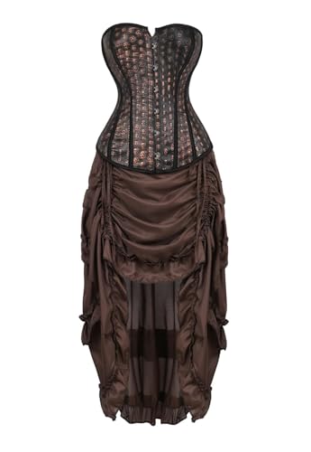 AIGOUT Damen Gothic Piraten Korsett Kleid Set - Totenkopf Fischgräte Korsett Top mit Piratenrock Braun Vintage Kleid Set für Cosplay Halloween (Braun, XS) von AIGOUT