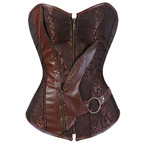 AIGOUT Damen Korsett Steampunk Pirat in Übergröße Gothic Cosplay Korsett mit 12 stützenden Knochen Retro Braun Satin & Leder Kettenschnalle Schnürung Shapewear (Braun, 3XL) von AIGOUT
