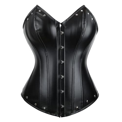 AIGOUT Damen Korsett aus Kunstleder, mit Nieten besetztes Fischgräten-Korsett & glänzendes Punk-Stil, eng anliegendes Bustier-Top (Schwarz, M) von AIGOUT