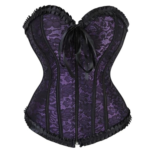 AIGOUT Damen-Korsett aus Satin, Vintage-Stil, Reißverschluss vorne, Fischgräten-Korsett, Schnürung, Shapewear für Halloween, Cosplay (Lila, 5XL) von AIGOUT