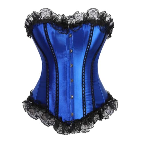 AIGOUT Damen-Korsett im Vintage-Stil, Satinband, Spitzenbesatz, Fischgräten-Korsett, Gothic-Stil, Schnürung, Shapewear (Blau, S) von AIGOUT