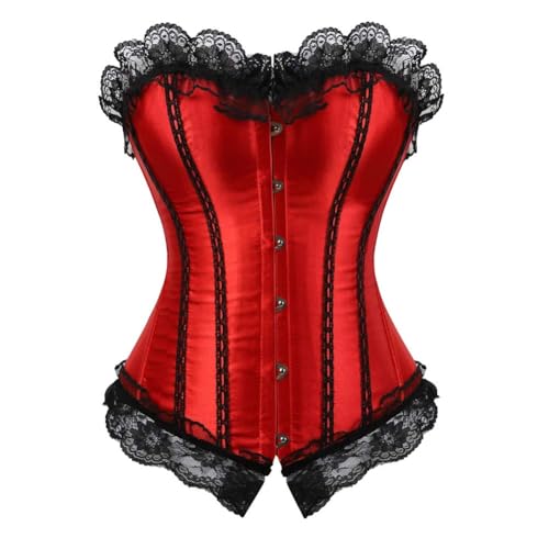 AIGOUT Damen-Korsett im Vintage-Stil, Satinband, Spitzenbesatz, Fischgräten-Korsett, Gothic-Stil, Schnürung, Shapewear (Rot, L) von AIGOUT