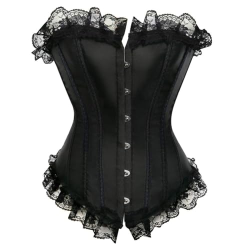 AIGOUT Damen-Korsett im Vintage-Stil, Satinband, Spitzenbesatz, Fischgräten-Korsett, Gothic-Stil, Schnürung, Shapewear (Schwarz, S) von AIGOUT