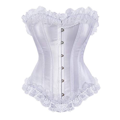 AIGOUT Damen-Korsett im Vintage-Stil, Satinband, Spitzenbesatz, Fischgräten-Korsett, Gothic-Stil, Schnürung, Shapewear (Weiß, XL) von AIGOUT