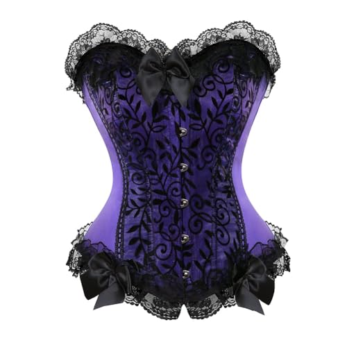 AIGOUT Damen Korsett im gotischen Stil, Übergröße, mit Schleife, Fischgräten-Korsett, Vintage-Blumenmieder (Lila, Größe 4XL) von AIGOUT