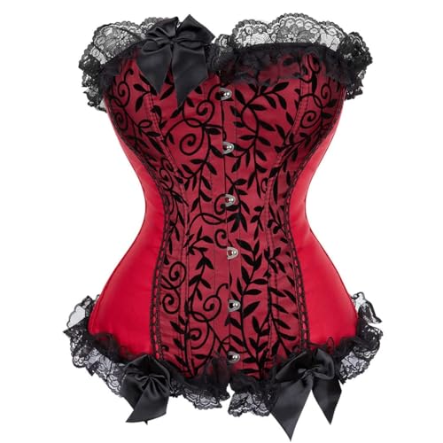 AIGOUT Damen Korsett in Übergröße Gothic Schlankheits Korsett Spitze Schleife Besatz Fischgrätenkorsett Vintage Floral Mieder (Weinrot, XL) von AIGOUT