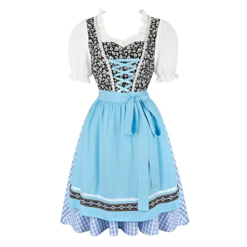 AIGOUT Damen München Oktoberfest Kleid - Bayerisches Dirndl Kostüm mit Puffärmeln Blumenmädchenkleid für Karneval Halloween (Himmelblau, S) von AIGOUT