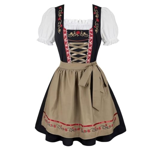 AIGOUT Damen München Oktoberfest Kleid - Bayerisches Dirndl Kostüm mit Puffärmeln Blumenmädchenkleid für Karneval Halloween (Khaki, M) von AIGOUT