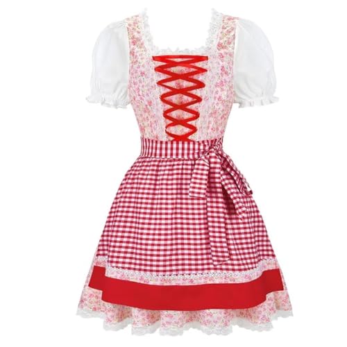 AIGOUT Damen München Oktoberfest Kleid - Bayerisches Dirndl Kostüm mit Puffärmeln Blumenmädchenkleid für Karneval Halloween (Rosa, 3XL) von AIGOUT