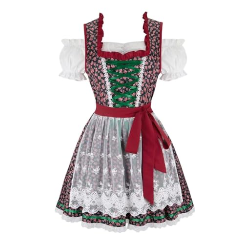 AIGOUT Damen München Oktoberfest Kleid - Bayerisches Dirndl Kostüm mit Puffärmeln Blumenmädchenkleid für Karneval Halloween (Schwarz Rot, M) von AIGOUT