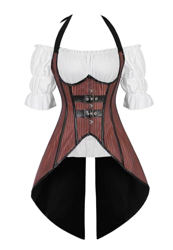 AIGOUT Damen Neckholder Unterbrust Korsett 2 Stück Set - Unterbrust Korsett Shirt Set mit Gothic Bluse | Schnürung Shapewear für Cosplay & Party (Braun, 7XL) von AIGOUT