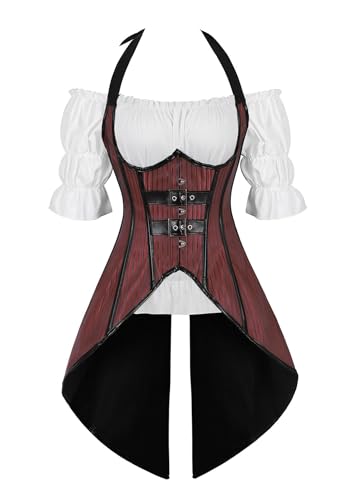 AIGOUT Damen Neckholder Unterbrust Korsett 2 Stück Set - Unterbrust Korsett Shirt Set mit Gothic Bluse | Schnürung Shapewear für Cosplay & Party (Dunkelrot, L) von AIGOUT