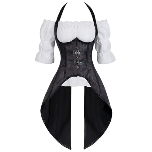 AIGOUT Damen Neckholder Unterbrust Korsett 2 Stück Set - Unterbrust Korsett Shirt Set mit Gothic Bluse | Schnürung Shapewear für Cosplay & Party (Dunkelviolett, M) von AIGOUT