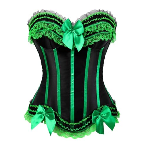 AIGOUT Damen Plus Size Push Up Korsett - Spitze Schleife Fischgräte Korsett mit Satin Gestreiftes Mieder | Halloween Cosplay Lace Up Shapewear (Schwarz/Grün, XXL) von AIGOUT