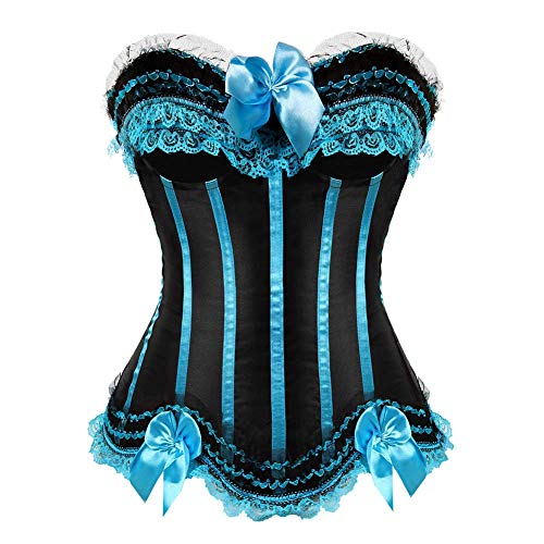 AIGOUT Damen Plus Size Push Up Korsett - Spitze Schleife Fischgräte Korsett mit Satin Gestreiftes Mieder | Halloween Cosplay Lace Up Shapewear (Schwarz/Himmelblau, L) von AIGOUT