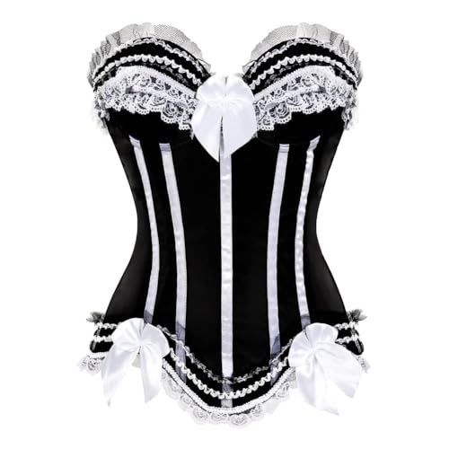 AIGOUT Damen Plus Size Push Up Korsett - Spitze Schleife Fischgräte Korsett mit Satin Gestreiftes Mieder | Halloween Cosplay Lace Up Shapewear (Schwarz/Weiß, M) von AIGOUT