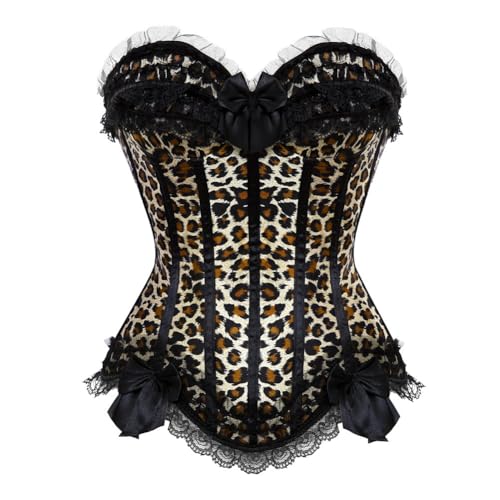 AIGOUT Damen Plus Size Push Up Korsett - Spitze Schleife Fischgrätenkorsett mit Satin Gestreiftes Mieder | Halloween Cosplay Lace Up Shapewear (Leopard, M) von AIGOUT