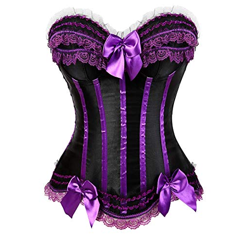 AIGOUT Damen Plus Size Push Up Korsett - Spitze Schleife Fischgrätenkorsett mit Satin Gestreiftes Mieder | Halloween Cosplay Lace Up Shapewear (Schwarz/Lila, 5XL) von AIGOUT