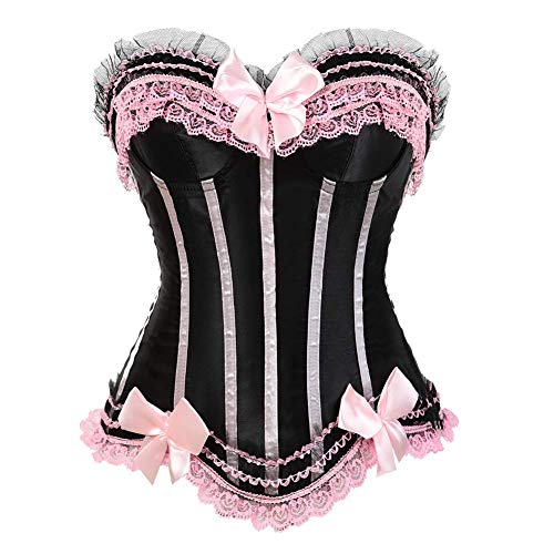 AIGOUT Damen Plus Size Push Up Korsett - Spitze Schleife Fischgrätenkorsett mit Satin Gestreiftes Mieder | Halloween Cosplay Lace Up Shapewear (Schwarz/Rosa, 6XL) von AIGOUT