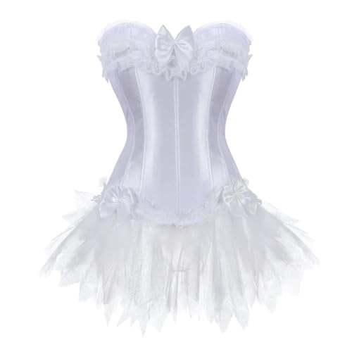 AIGOUT Damen Spitzen-Schleife, Fischgräten-Bustier-Kleid & Court-Stil, Satin-Korsett und Ballettrock, Set – Halloween-Kostüm, Korsettkleid für Themenpartys (Weiß, 4XL) von AIGOUT