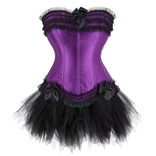 AIGOUT Damen Spitzen-Schleife, Fischgräten-Bustier-Kleid & Court-Stil, Satin-Korsett und Ballettrock Set, Halloween-Kostüm, Korsettkleid für Themenpartys (Lila, S) von AIGOUT