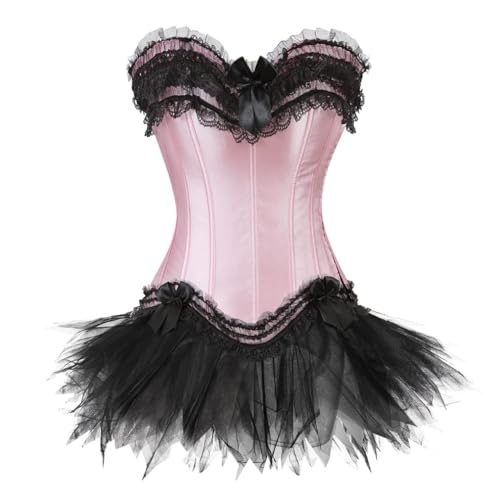 AIGOUT Damen Spitzen-Schleife, Fischgräten-Bustier-Kleid & Court-Stil, Satin-Korsett und Ballettrock Set, Halloween-Kostüm, Korsettkleid für Themenpartys (Rosa, XL) von AIGOUT