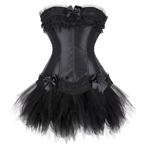 AIGOUT Damen Spitzen-Schleife, Fischgräten-Bustier-Kleid & Court-Stil, Satin-Korsett und Ballettrock Set, Halloween-Kostüm, Korsettkleid für Themenpartys (Schwarz, Größe 3XL) von AIGOUT