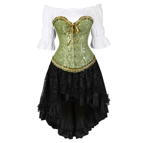 AIGOUT Damen Steampunk Korsett Outfit Vintage Satin Korsett Bluse Asymmetrisch Rock Ensemble Steampunk Kleid Plissee Saum Bodysuit Kleid Gothic Set (Grün, S) von AIGOUT