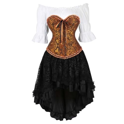 AIGOUT Damen Steampunk Korsett Outfit Vintage Satin Korsett Bluse Asymmetrisch Rock Ensemble Steampunk Kleid Plissee Saum Bodysuit Kleid Gothic Set (Ingwer, M) von AIGOUT
