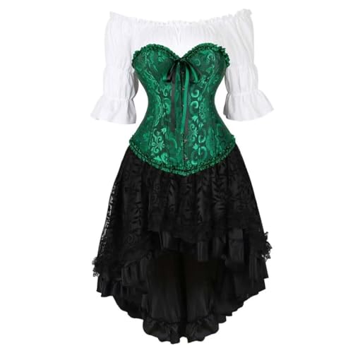 AIGOUT Damen Steampunk Korsett Outfit Vintage Satin Korsett Bluse Asymmetrisch Rock Ensemble Steampunk Kleid Plissee Saum Bodysuit Kleid Gothic Set (Schwarz Grün, S) von AIGOUT