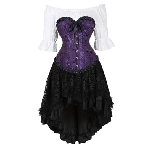 AIGOUT Damen Steampunk Korsett Outfit Vintage Satin Korsett Bluse Asymmetrisch Rock Ensemble Steampunk Kleid Plissee Saum Bodysuit Kleid Gothic Set (Schwarz Lila, 5XL) von AIGOUT