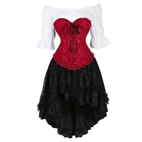 AIGOUT Damen Steampunk Korsett Outfit Vintage Satin Korsett Bluse Asymmetrisch Rock Ensemble Steampunk Kleid Plissee Saum Bodysuit Kleid Gothic Set (Weinrot, M) von AIGOUT