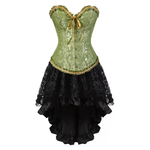 AIGOUT Damen Steampunk Korsett Rock Set Satin Fischgräten Korsett Kleid Vintage Court Jacquard Kleid Set Gothic Cosplay für Party Hochzeit Halloween (Grün, 4XL) von AIGOUT