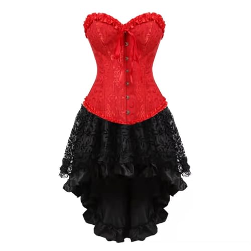 AIGOUT Damen Steampunk Korsett Rock Set Satin Fischgräten Korsett Kleid Vintage Court Jacquard Kleid Set Gothic Cosplay für Party Hochzeit Halloween (Rot, XXS) von AIGOUT