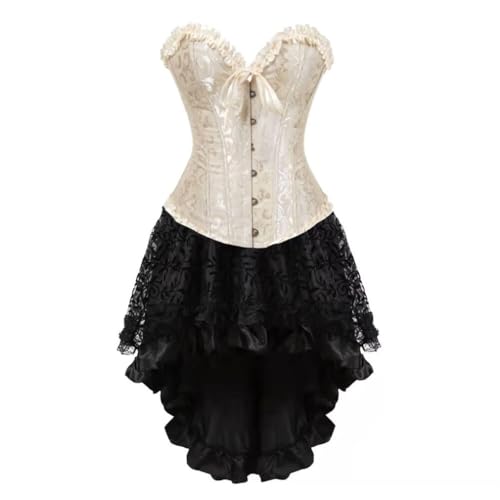 AIGOUT Damen Steampunk Korsett Rock Set Satin Fishbone Korsett Kleid Vintage Court Jacquard Kleid Set Gothic Cosplay für Party Hochzeit Halloween (Beige, L) von AIGOUT